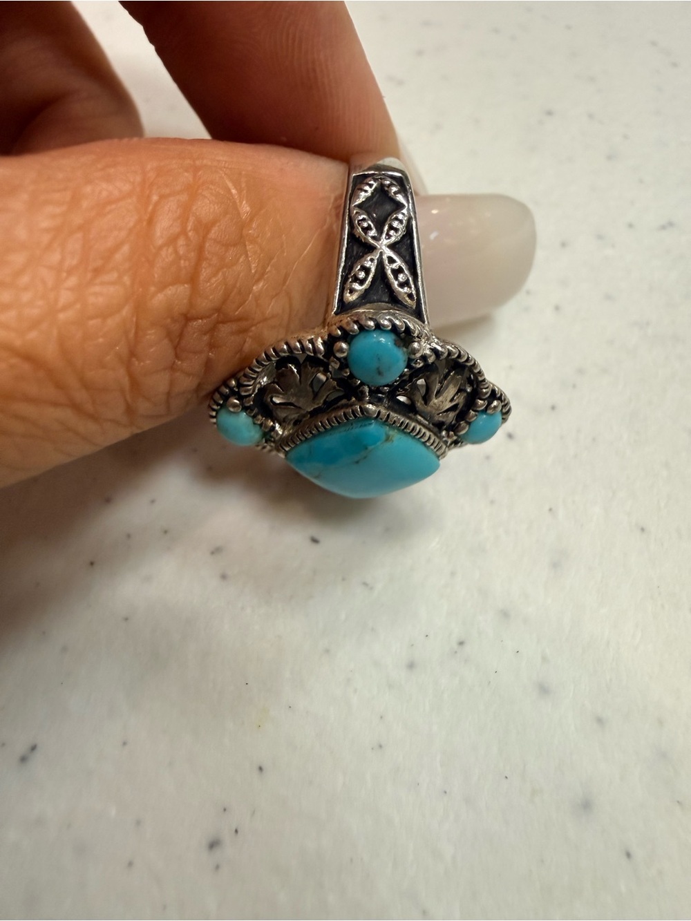 Turquoise Statement Ring - Silver-Tone Ornate Design - Picture 6 of 7